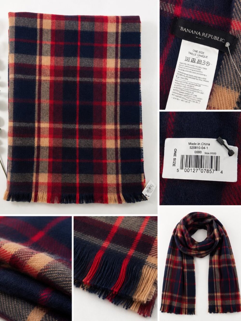 NWT Banana Republic Red Navy Plaid Oversized Fringe Scarf Wrap